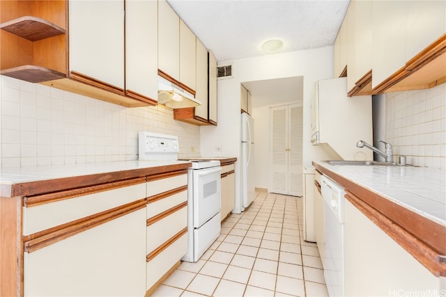 kitchen featuring sink, white cabinetry, decorative backsplash, and white appliances