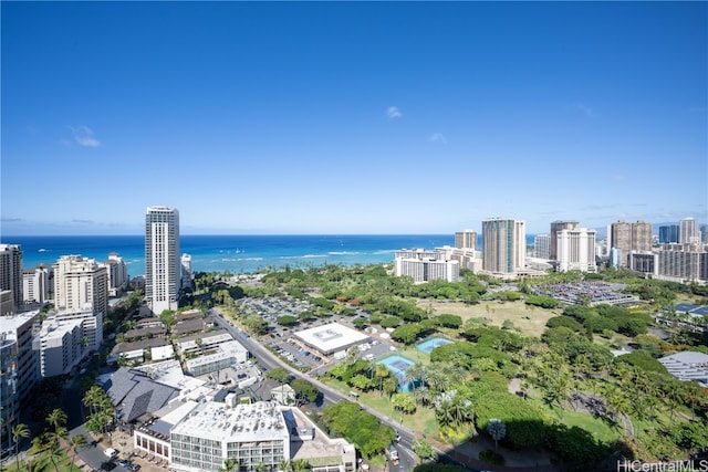 birds eye view of property featuring a water view