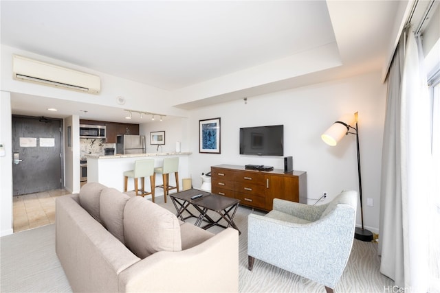 tiled living room with an AC wall unit