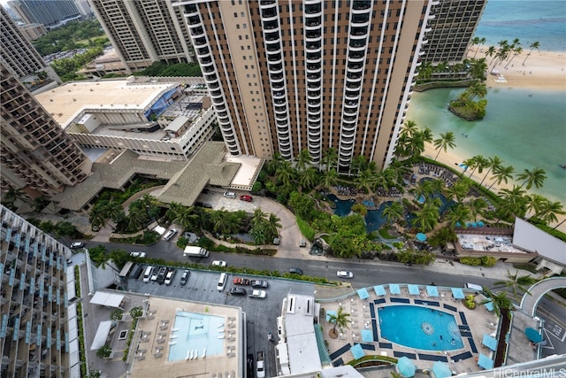 birds eye view of property featuring a water view