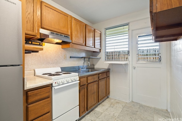 kitchen with sink, range hood, and white appliances