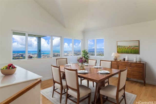 dining space featuring light hardwood / wood-style floors and vaulted ceiling