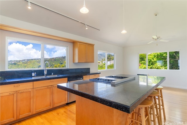 kitchen with a center island, sink, light hardwood / wood-style flooring, stainless steel dishwasher, and decorative light fixtures