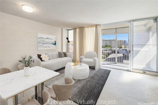 carpeted living room featuring a textured ceiling and a wall of windows