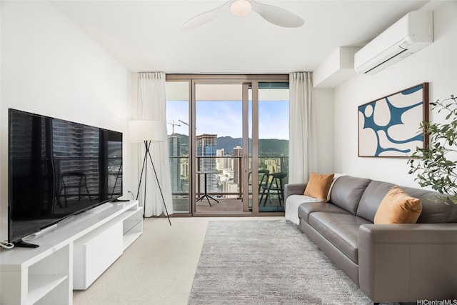 1388 Kapiolani Blvd Unit 3309, Honolulu, HI 96814 - carpeted living room featuring a wall unit AC, expansive windows, and a ceiling fan