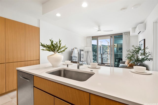 1388 Kapiolani Blvd Unit 3309, Honolulu, HI 96814 - kitchen with a sink, dishwasher, light countertops, a wall unit AC, and a ceiling fan