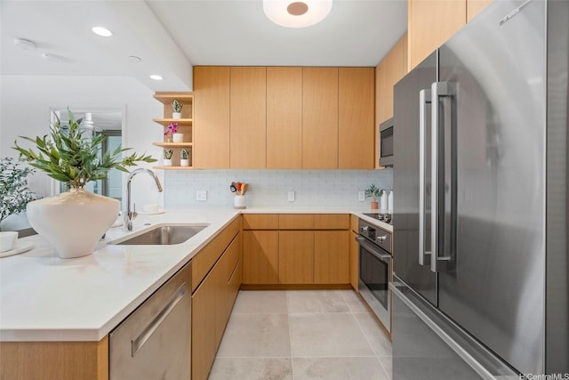 1388 Kapiolani Blvd Unit 3309, Honolulu, HI 96814 - kitchen with appliances with stainless steel finishes, a sink, open shelves, decorative backsplash, and light countertops