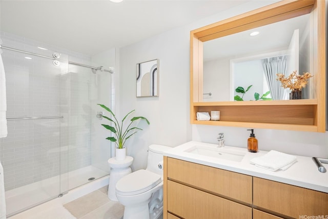 1388 Kapiolani Blvd Unit 3309, Honolulu, HI 96814 - full bathroom with vanity, a shower stall, toilet, recessed lighting, and tile patterned floors