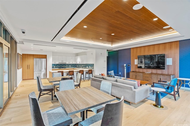 1388 Kapiolani Blvd Unit 3309, Honolulu, HI 96814 - dining area with a tray ceiling, light wood finished floors, recessed lighting, and wooden ceiling