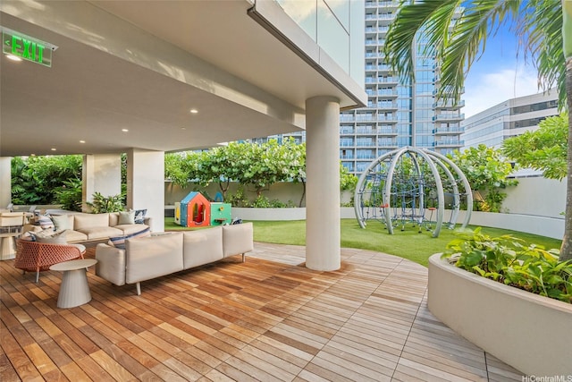 1388 Kapiolani Blvd Unit 3309, Honolulu, HI 96814 - wooden terrace featuring outdoor lounge area