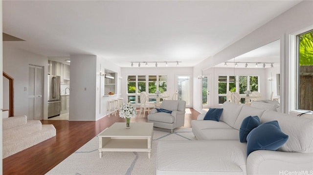 living room featuring rail lighting and light hardwood / wood-style flooring