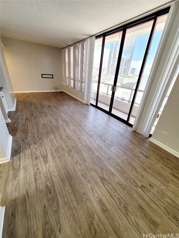 unfurnished living room with floor to ceiling windows, dark wood-type flooring, and a textured ceiling