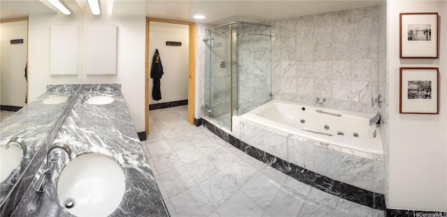 1888 Kalakaua Ave Unit 907, Honolulu, HI 96815 - bathroom with a stall shower, a tub with jets, double vanity, marble finish flooring, and recessed lighting