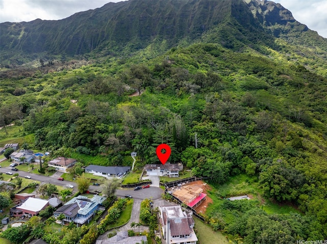 birds eye view of property with a view of trees and a mountain view