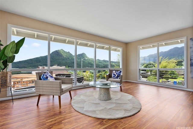 living room featuring baseboards, wood finished floors, and a mountain view
