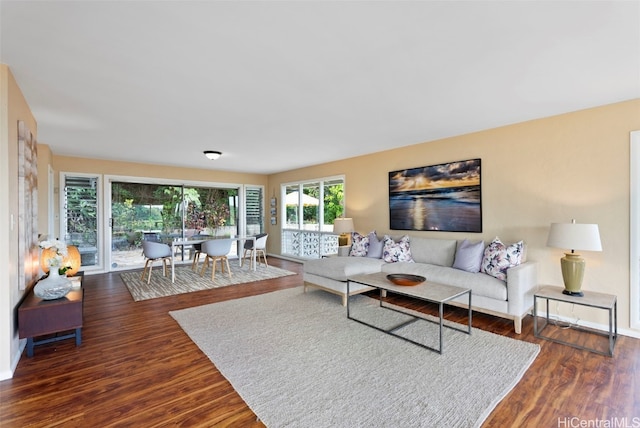 living room with dark hardwood / wood-style flooring