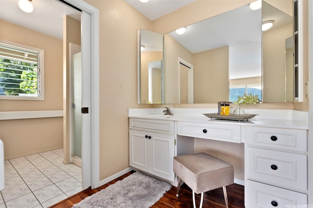 bathroom featuring wood finished floors, vanity, a wealth of natural light, and a stall shower