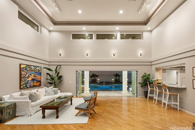 living room featuring light hardwood / wood-style floors, a high ceiling, and a raised ceiling