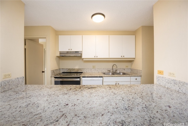 kitchen with a textured ceiling, white cabinetry, white dishwasher, electric stove, and sink