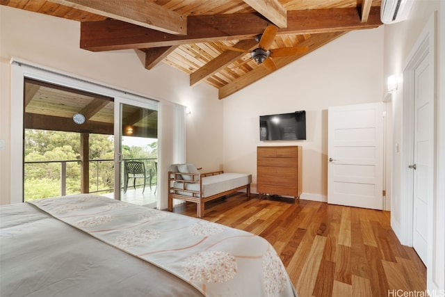 bedroom featuring wood ceiling, beam ceiling, access to exterior, and hardwood / wood-style flooring