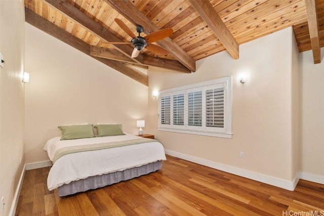 bedroom featuring ceiling fan, lofted ceiling with beams, wooden ceiling, and hardwood / wood-style floors