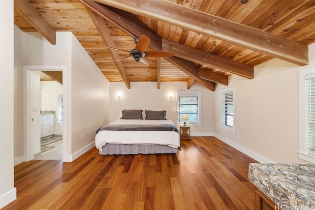 bedroom featuring ensuite bathroom, hardwood / wood-style flooring, and wood ceiling