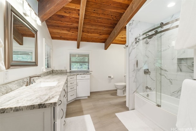 full bathroom featuring lofted ceiling with beams, shower / bath combination with glass door, toilet, wooden ceiling, and vanity