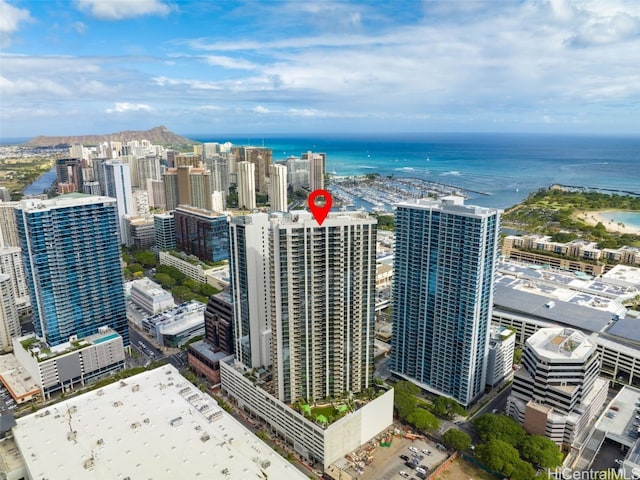 aerial view featuring a water view