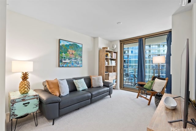 living room with carpet and expansive windows