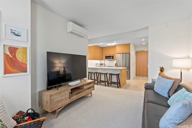 carpeted living room with a wall mounted AC