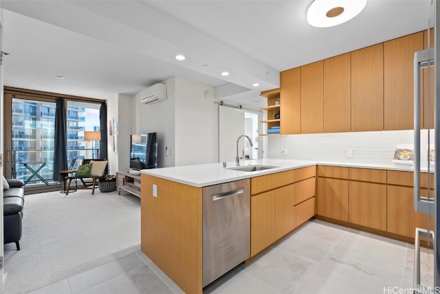 kitchen with sink, a wall mounted air conditioner, dishwasher, kitchen peninsula, and decorative backsplash