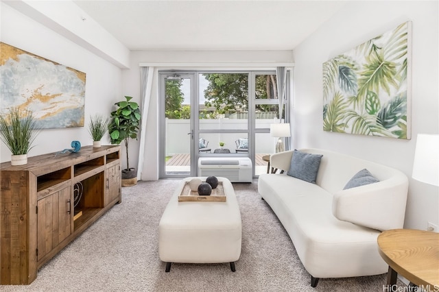 living area featuring light colored carpet