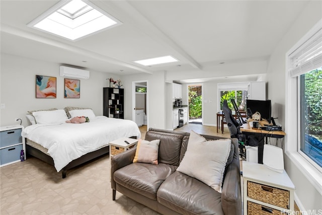 bedroom featuring a wall mounted air conditioner and multiple windows