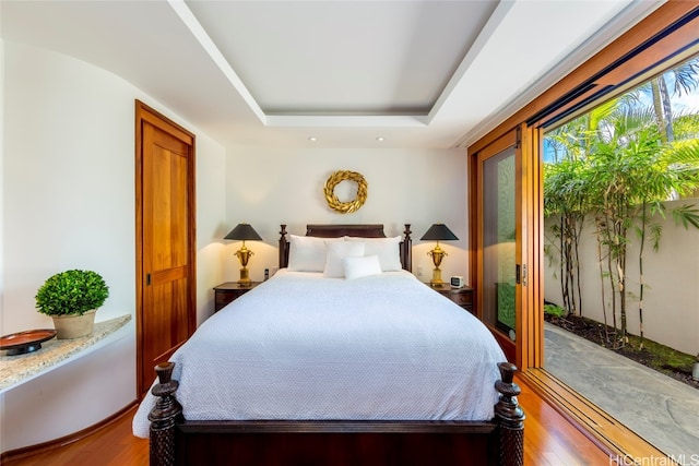 bedroom with wood-type flooring and a raised ceiling