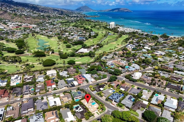 aerial view featuring a water and mountain view