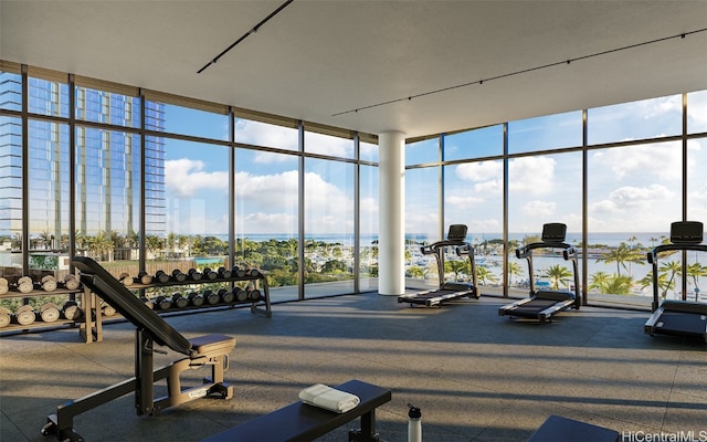 workout area featuring a wall of windows and a water view