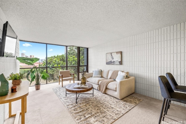 carpeted living room with tile walls, a textured ceiling, and floor to ceiling windows