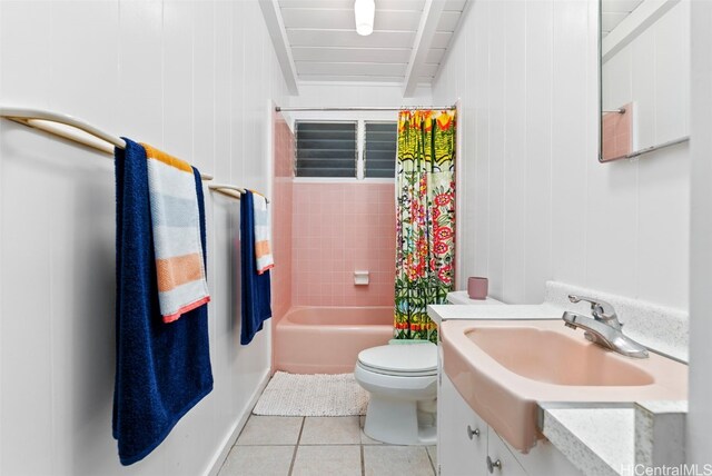 full bathroom with beam ceiling, shower / bath combo, tile patterned floors, toilet, and vanity