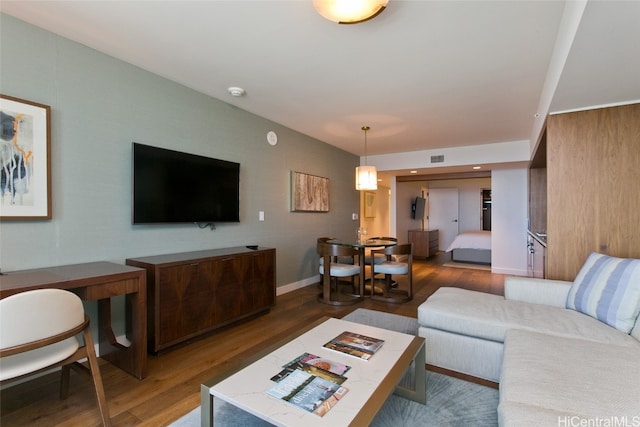 living room with dark hardwood / wood-style floors