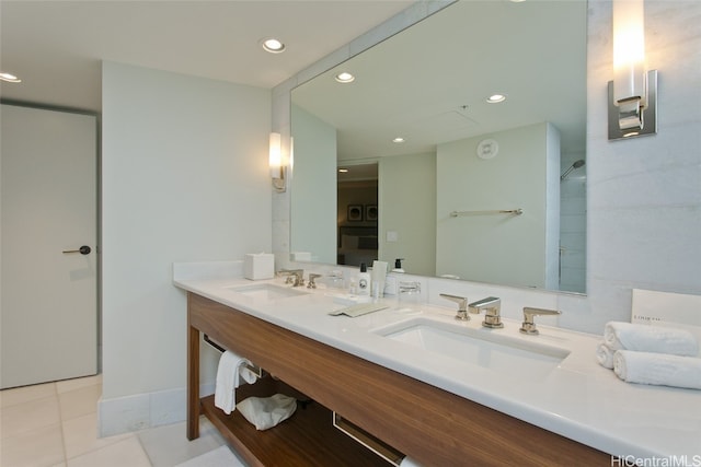 bathroom with vanity and tile patterned flooring