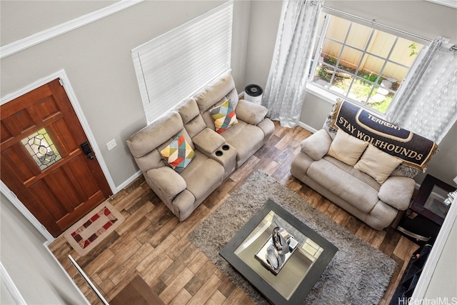 living room with a healthy amount of sunlight, crown molding, and wood-type flooring