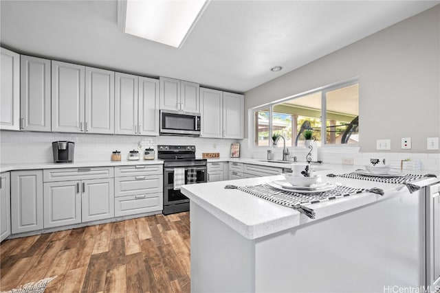 kitchen with dark hardwood / wood-style flooring, stainless steel appliances, tasteful backsplash, and sink