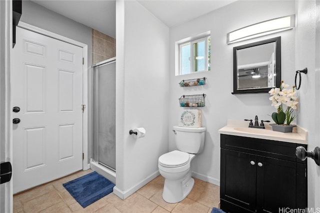 bathroom with tile patterned floors, a shower with shower door, and toilet