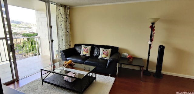 living room with crown molding and wood-type flooring