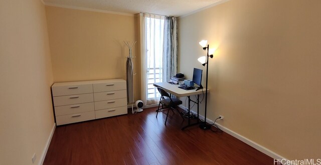 office with crown molding, a textured ceiling, and dark hardwood / wood-style floors