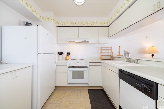 kitchen with sink, white cabinetry, exhaust hood, and white appliances