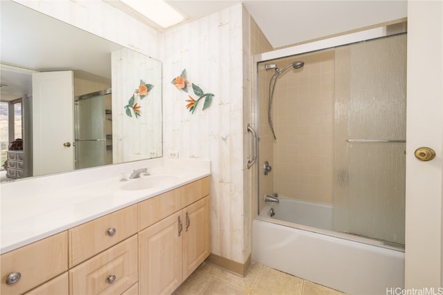 bathroom with vanity, shower / bath combination with glass door, and tile patterned flooring