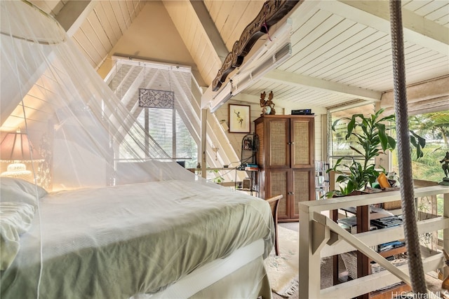 bedroom featuring lofted ceiling with beams and wood ceiling