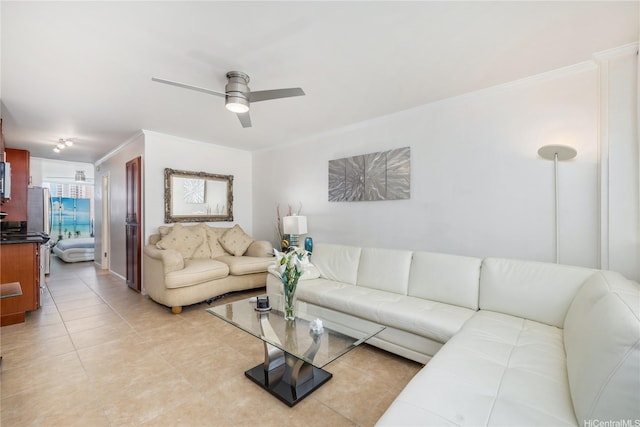 425 Ena Rd Unit 1202A, Honolulu, HI 96815 - living area with a ceiling fan, ornamental molding, and light tile patterned floors