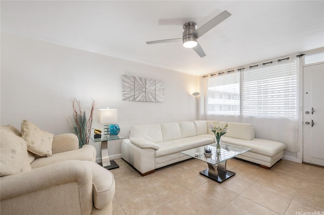 425 Ena Rd Unit 1202A, Honolulu, HI 96815 - living area featuring a ceiling fan, baseboards, light tile patterned floors, and a healthy amount of sunlight